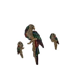Vintage Bejeweled 3’Parrot Brooch with Matching Earrings